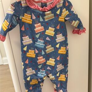 Blue Birthday Cake Print Footie with Pink Ruffle Trim